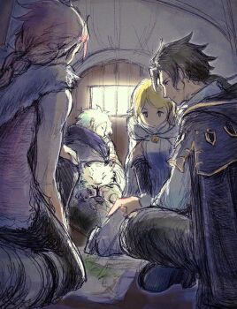 2boys 2girls black_capelet black_hair blonde_hair braid braided_ponytail brown_hair capelet closed_mouth commentary_request cyrus_albright door h'aanit_(octopath_traveler) highres indoors linde_(octopath_traveler) map multiple_boys multiple_girls octopath_traveler octopath_traveler_i ophilia_clement parted_bangs qqqqqli sitting snow_leopard therion_(octopath_traveler)