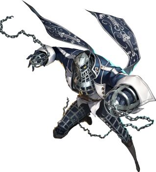 1boy artist_request black_boots boots cage chain gun handgun highres lock official_art padlock persona persona_(summon) persona_5 persona_5_scramble:_the_phantom_strikers solo third-party_source transparent_background valjean_(persona) weapon yellow_eyes