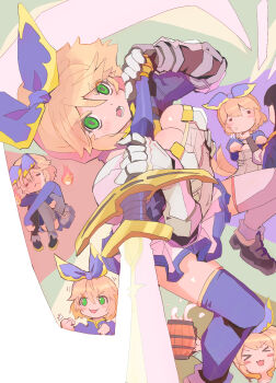 Rule 34 | >:), > <, 2girls, :<, :3, = =, armor, beer mug, blue ribbon, blue theme, blush, blush stickers, breasts, brown hair, chibi, cleavage, clenched hand, closed mouth, cup, curuni crueciel, depressed, dog tail, dress, eyebrows hidden by hair, ficelle harbeller, full body, gauntlets, green eyes, hair between eyes, hair ribbon, highres, holding, holding cup, holding sword, holding weapon, katainaka no ossan kensei ni naru, long hair, looking at viewer, lower teeth only, medium breasts, mug, multiple girls, multiple views, open mouth, pauldrons, paw pose, ribbon, rudorufu, scratching chin, short hair, shoulder armor, sitting, smile, sweatdrop, sword, tail, tail wagging, teeth, thighhighs, two-tone thighhighs, v-shaped eyebrows, weapon, white dress, white thighhighs, wooden cup, zweihander