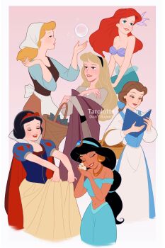 6+girls aladdin_(movie) animal apron ariel_(disney) artist_name aurora_(disney) basket beauty_and_the_beast_(disney) belle_(disney) bikini bird black_hair black_hairband blue_eyes blue_hairband book breasts brown_eyes bubble cape cinderella_(disney_character) cinderella_(disney_movie) cleavage closed_eyes commentary_request crop_top dark-skinned_female dark_skin disney_princess hairband harem_pants headscarf highres holding holding_animal holding_basket holding_bird holding_book jasmine_(disney) mermaid midriff monster_girl multiple_girls navel off-shoulder_shirt off_shoulder pants puffy_short_sleeves puffy_sleeves reading red_cape red_hair shell shell_bikini shirt short_sleeves skirt_hold sleeping_beauty_(disney) small_breasts snow_white_(disney) snow_white_and_the_seven_dwarfs_(disney) swimsuit tarolotta the_little_mermaid_(disney) waist_apron watermark