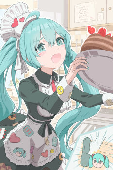 1girl 39 ahoge alternate_costume apron aqua_eyes aqua_hair aqua_nails blush breasts cake chef chef_hat chocolate_cake commission dress food frilled_apron frilled_dress frilled_hat frills fruit hat hatsune_miku highres long_hair long_sleeves medium_breasts microwave note open_mouth skeb_commission solo strawberry tears tripping twintails very_long_hair vocaloid waist_apron white_apron yukichi_(yu-ame)