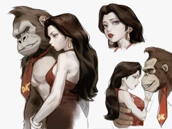 1boy 1girl blue_eyes bracelet brown_hair donkey_kong donkey_kong_(1981_game) donkey_kong_(series) dress earrings eyeshadow from_side gorilla hair_intakes highres jewelry long_hair looking_at_another makeup necktie nintendo pauline_(mario) purple_eyeshadow realistic red_dress red_lips red_necktie simple_background vankraut