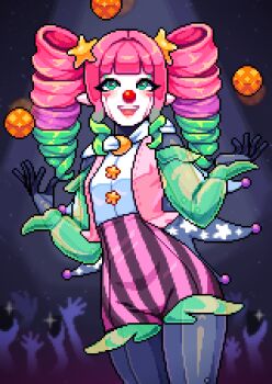 1girl borrowed_character breasts clown_girl clown_nose commentary commission crowd drill_hair english_commentary flat_chest green_eyes green_hair highres juggling looking_at_viewer multicolored_hair open_mouth original pantyhose pink_hair pixel_art pointy_ears purple_hair small_breasts solo_focus star_(symbol) twin_drills wide_hips yumykon
