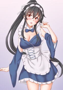 Rule 34 | 1girl, alternate costume, anti (untea9), apron, black hair, blue background, blue kimono, breasts, cleavage, commentary request, enmaided, frilled apron, frills, gloves, gradient background, highres, japanese clothes, kantai collection, kimono, large breasts, long hair, long sleeves, looking at viewer, maid, maid apron, maid headdress, mixed maids, ponytail, red eyes, smile, wa maid, white apron, wide sleeves, yahagi (kancolle)