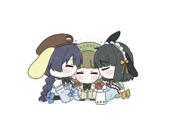 Rule 34 | 3girls, animal ears, black hair, blue dress, blunt bangs, blunt ends, blush, bob cut, braid, brown hair, commentary request, cropped torso, dog ears, dress, girl sandwich, hair ribbon, hasunoue keroppi, kachimachi kosuzu, kero kero keroppi, korean commentary, link! like! love live!, long hair, love live!, low twin braids, low twintails, momose ginko, multiple girls, murano sayaka, one ear down, pochacco, pompompurin, rabbit ears, red ribbon, ribbon, sandwiched, sanrio, short hair, simple background, twin braids, twintails, virtual youtuber, white background, zueka27