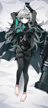 1girl absurdres ahoge bed_sheet black_survival bodysuit breasts commission eternal_return:_black_survival green_eyes grey_bodysuit grey_hair gun hair_between_eyes highres katja_(black_survival) long_hair looking_at_viewer lying on_back on_bed rifle sniper_rifle solo wang0424 weapon