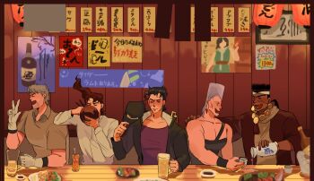 5boys alcohol bar_(place) beer_mug black_hair cup drunk hat unworn_hat unworn_headwear highres indoors iq230230 izakaya jean_pierre_polnareff jojo_no_kimyou_na_bouken joseph_joestar joseph_joestar_(old) kakyoin_noriaki kuujou_joutarou long_sleeves male_focus mohammed_avdol mug multiple_boys pectoral_cleavage pectorals poster_(object) sake silver_hair single_strap stardust_crusaders