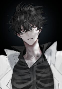 Rule 34 | 1boy, absurdres, aegyo sal, bags under eyes, black eyes, black hair, black shirt, coat, collared shirt, commentary request, hair between eyes, hayu beck, highres, kim dokja, korean commentary, looking at viewer, male focus, messy hair, omniscient reader's viewpoint, open clothes, open coat, popped collar, ribs, shirt, short hair, skeleton, solo, upper body, white coat, x-ray