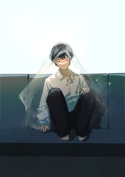1boy absurdres barefoot black_hair closed_eyes collared_shirt full_body hand_on_own_knee hashtag-only_commentary head_tilt highres kim_dokja knees_up male_focus oldest_dream omniscient_reader&#039;s_viewpoint sanjinmogufufu shirt short_hair sitting solo variant_set veil white_shirt