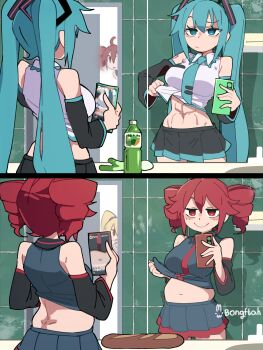 abs absurdres ahoge aqua_eyes aqua_hair back baguette bathroom belly blush bongftah bottle bread breasts cellphone crossover detached_sleeves fatass_teto_(meme) food hatsune_miku highres kasane_teto large_breasts medium_breasts meme mirror navel necktie phone plump red_eyes red_hair selfie serious skirt smile twintails utau vocaloid