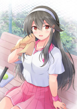 1girl ball bench blush breasts chain-link_fence commission day fence haruna_(kancolle) kantai_collection long_hair looking_at_viewer medium_breasts racket shirt shizuna_kaede short_sleeves sitting skeb_commission skirt solo sportswear tennis_ball tennis_racket tennis_skirt tennis_uniform towel