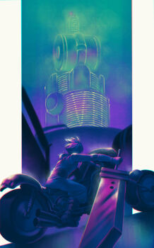 1boy armor belt blue_pants blue_shirt boots border buster_sword cloud_strife final_fantasy final_fantasy_vii greatsword holding holding_sword holding_weapon hollyfig huge_weapon male_focus midgar motor_vehicle motorcycle neon_lights on_motorcycle pants pauldrons pillarboxed shinra_hq shirt short_hair shoulder_armor single_bare_shoulder single_pauldron sleeveless sleeveless_turtleneck solo spiked_hair suspenders sword tower turtleneck weapon white_border