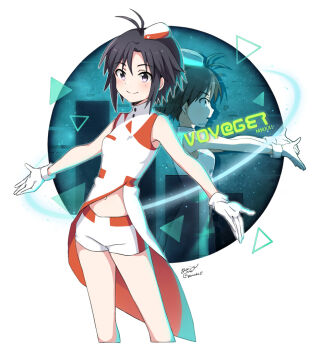 1girl antenna_hair bare_shoulders black_eyes black_hair blush breasts closed_mouth coattails cowboy_shot cropped_legs dot_nose front_slit garrison_cap gloves green_background hat idolmaster idolmaster_(classic) idolmaster_million_live! idolmaster_million_live!_theater_days kikuchi_makoto looking_at_another midriff_peek mini_hat multiple_views navel open_hands open_mouth outstretched_arms shirt short_hair signature sleeveless sleeveless_shirt small_breasts smile standing twitter_username two-tone_headwear two-tone_shirt two-tone_shorts voy@ger_(idolmaster) white_gloves yoriyomo