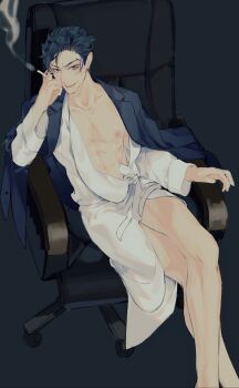 1boy absurdres adam_(sk8) adam_(sk8_the_infinity) black_background black_hair brown_eyes chair cigarette feet_out_of_frame highres holding holding_cigarette ibex jacket male_focus nipples office_chair open_clothes open_shirt sitting sk8_the_infinity smoke smoking suit_jacket sweat swivel_chair