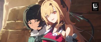 Rule 34 | 2girls, ahoge, animal ears, black hair, blonde hair, chalky (zenless zone zero), cissia (zenless zone zero), hair between eyes, hair ornament, highres, jane doe (zenless zone zero), long hair, mouse ears, mouse girl, multiple girls, official art, one side up, open mouth, pom pom (clothes), pom pom hair ornament, red eyes, smile, snake, tail, upper body, white snake, zenless zone zero