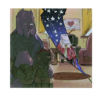 1girl 3boys ant_tenna asriel_dreemurr blackmaro1 border brown_hair closed_eyes commentary couch crt curtains deltarune english_commentary fake_horns furry furry_female furry_male glasses gloves green_sweater hairband hand_on_another's_back hand_on_another's_shoulder highres horn_hairband indoors kris_(deltarune) mother_and_son multiple_boys necktie object_head pointy_nose smile split_theme sweater toriel utdr_(toby_fox) white_border white_gloves window yellow_necktie