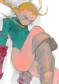 Rule 34 | 1girl, blonde hair, boots, braid, breasts, cammy white, commentary, gloves, leotard, necktie, pointy ears, red gloves, saliva, single tear, sleeved leotard, street fighter, twin braids, umezawa michiko