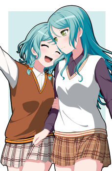 2girls absurdres bang_dream! black_skirt braid closed_mouth commentary_request feet_out_of_frame green_eyes grey_hair happy highres hikawa_hina hikawa_sayo long_hair looking_at_another multiple_girls open_mouth popi_kasumi school_uniform shirt short_hair siblings sisters skirt standing sweater_vest teeth twin_braids twins upper_teeth_only white_shirt