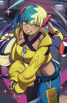 1girl absurdres aqua_hair bandeau black_pants blonde_hair blue_eyes blue_pants breasts canari_(pokemon) cleavage dark-skinned_female dark_skin eelektross gen_5_pokemon gradient_eyes grin highres holding holding_poke_ball large_breasts midriff multicolored_eyes multicolored_hair nintendo pants poke_ball pokemon pokemon_(creature) pokemon_legends:_z-a ryairyai smile split-color_hair two-tone_pants yellow_bandeau yellow_eyes zipper_pull_tab