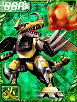 android arm_cannon armor card_(medium) claws digimon digimon_collectors fire fireball full_armor horns looking_to_the_side lowres machine mecha mechanical_arms no_humans official_art red_eyes robot sharp_teeth tail teeth weapon zekegreymon