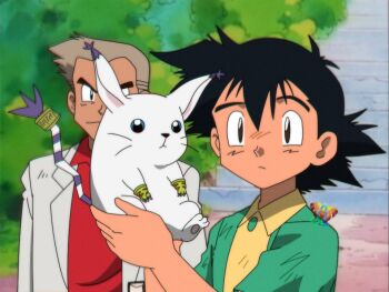 :3 alternate_universe animal_ears ash_ketchum carrying cat_ears claws derivative_work digimon fusion gen_1_pokemon gloves holy_ring nintendo pajamas parody pikachu pokemon pokemon_(anime) pokemon_(classic_anime) pokemon_ep001 professor_oak screenshot_redraw spiked_hair tail tailmon what