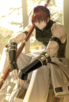 1boy bicep_strap black_shirt bug butterfly clothes_around_waist fate/grand_order fate_(series) harada_sanosuke_(fate) highres holding holding_polearm holding_weapon insect itefu jacket jacket_around_waist male_focus multiple_scars pants polearm red_hair scar scar_on_arm scar_on_shoulder shirt sleeveless solo tight_clothes tight_shirt toned toned_male weapon white_butterfly white_jacket white_pants