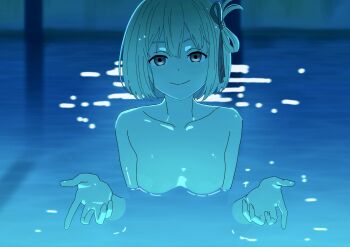 1girl blonde_hair breasts chainsaw_man closed_mouth hair_ribbon highres i&#039;ll_teach_you_everything_(chainsaw_man) looking_at_viewer lycoris_recoil nishikigi_chisato nude parody partially_submerged pool red_eyes ribbon scene_reference short_hair skinny_dipping smile solo umatarou_(a05867430) water wet