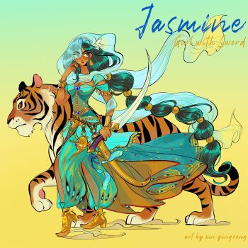 1girl aladdin_(movie) aqua_hairband aqua_pants aqua_shirt aqua_veil artist_name black_hair breasts brown_eyes character_name cleavage colored_sclera commentary dark-skinned_female dark_skin earrings english_commentary full_body gold gold_bangle gold_earrings gold_shoes hairband harem_outfit harem_pants highres holding holding_sword holding_weapon jasmine_(disney) jewelry kiddo_hah long_hair medium_breasts multi-tied_hair pants rajah_(disney) red_sclera shirt shoes sword tiger veil very_long_hair walking weapon yellow_background yellow_eyes