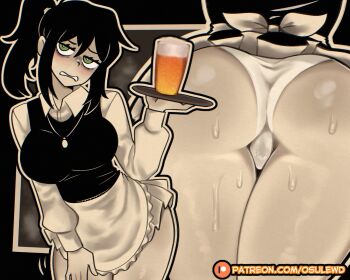 1girl alcohol apron ass ass_focus beer black_hair black_vest blush breasts clothes_pull commentary cup embarrassed english_commentary green_eyes hair_between_eyes highres holding holding_tray large_breasts looking_at_viewer medium_hair motion_lines multiple_views open_mouth osulan panties pantyshot ponytail renee_graves shirt skirt skirt_pull sweat the_coffin_of_andy_and_leyley tray underwear vest waitress white_apron white_shirt