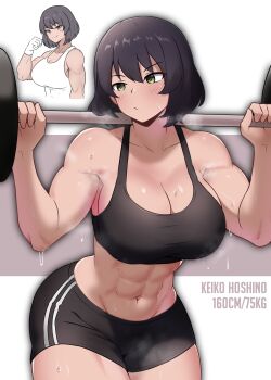 1girl :/ abs amogan barbell bare_arms bare_shoulders biceps black_hair black_shorts black_sports_bra breasts character_name cleavage closed_mouth commentary commission cropped_torso dark-skinned_female dark_skin double_vertical_stripe exercising girls_und_panzer gloves green_eyes hair_between_eyes height highres hoshino_(girls_und_panzer) large_breasts light_blush looking_to_the_side midriff multiple_views muscular muscular_female navel pixiv_commission shirt short_hair shorts smile sports_bra steaming_body sweat tank_top thick_thighs thighs weight weightlifting white_gloves white_shirt