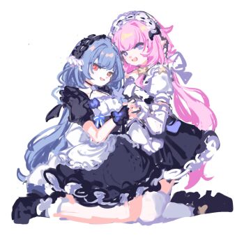 2girls apron black_dress black_shoes blue_eyes breasts commentary_request dress elysia_(honkai_impact) elysia_(miss_pink)_(honkai_impact) elysia_(miss_pink_elf)_(honkai_impact) fake_horns herrscher_of_corruption highres holding_hands honkai_(series) honkai_impact_3rd horns long_hair looking_at_viewer maid maid_apron maid_headdress multiple_girls orange_eyes pink_hair sac_0120 shoes simple_background smile thighhighs very_long_hair white_apron white_background white_thighhighs