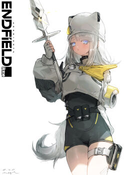 Rule 34 | 1girl, absurdres, animal ear headwear, arknights, arknights: endfield, asymmetrical bangs, black shorts, blush, breasts, commentary, copyright name, crop top, ear piercing, estella (arknights), extra ears, fake animal ears, fingerless gloves, gloves, hat, high-waist shorts, highres, holding, holding polearm, holding weapon, lance, long hair, long sleeves, lucky star, medium breasts, parted lips, piercing, polearm, pouch, pppmepl, shorts, simple background, solo, tail, thigh pouch, thigh strap, weapon, white background, white gloves, white hair, white hat