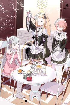 3girls blonde_hair breasts chair commentary_request emilia_(re:zero) food frederica_baumann highres hikimori_hikiko indoors large_breasts long_hair maid medium_breasts medium_hair multiple_girls pantyhose pink_hair pouring ram_(re:zero) re:zero_kara_hajimeru_isekai_seikatsu single_bare_shoulder small_breasts sweets table tea white_hair