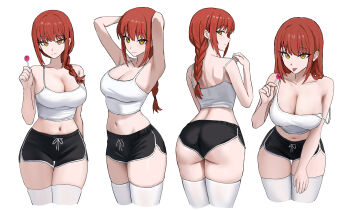 1girl absurdres ass black_shorts braid camisole candy chainsaw_man dolphin_shorts food highres holding holding_candy holding_food holding_lollipop lollipop makima_(chainsaw_man) multiple_views navel red_hair shorts simple_background skrillex_li white_background white_camisole yellow_eyes