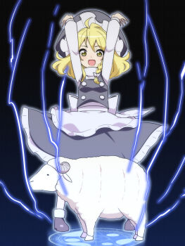 1girl arms_up blonde_hair braid hat highres jeno kirisame_marisa open_mouth sheep side_braid sparks summoning touhou witch_hat yellow_eyes
