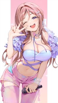 1girl blue_eyes blush bow breasts brown_hair choker cleavage commentary_request crop_top frilled_choker frilled_sleeves frills gakuen_idolmaster garakuta_road_(idolmaster) garter_straps hair_bow hair_ornament highres himesaki_rinami holding holding_microphone idolmaster kainown large_breasts looking_at_viewer microphone midriff navel neck_ribbon official_alternate_costume one_eye_closed open_mouth pink_shorts pink_thighhighs ribbon shorts simple_background smile solo sweat thighhighs v v_over_eye wristband