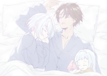 Rule 34 | 1boy, 2girls, alternate costume, arm up, blanket, brown hair, closed eyes, collarbone, commentary request, doro (nikke), eungking (tog2029), facial hair, goddess of victory: nikke, highres, korean commentary, liliweiss (nikke), long sleeves, mixed-language commentary, multiple girls, muted color, o3o, on bed, pajamas, pale color, pill, pink hair, sleeping, smile, stubble, the legendary commander (nikke), white hair