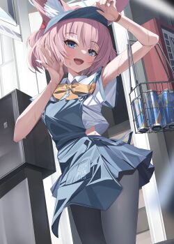 1girl absurdres alternate_costume animal_ear_fluff animal_ears apron armpits black_pantyhose blue_apron blue_archive blue_eyes blue_halo blue_skirt blush bow commentary fox_ears fox_girl from_below halo highres kuwa_za niko_(blue_archive) open_mouth pantyhose pink_hair pleated_skirt shirt short_hair short_sleeves skirt solo sweat visor_cap white_shirt yellow_bow