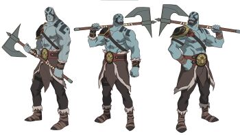 1boy abs alternate_design armor bald bara bare_pectorals beard reference_sheet chest_harness critical_role dungeons_&amp;_dragons facial_hair full_body grin grog_strongjaw harness head_tattoo highres large_pectorals male_focus multiple_views muscular muscular_male mustache mutton_chops nipples official_art pauldrons pectorals pelvic_curtain phil_bourassa shoulder_armor shoulder_tattoo single_pauldron smile standing stomach tattoo the_legend_of_vox_machina thick_eyebrows third-party_source topless_male unfinished