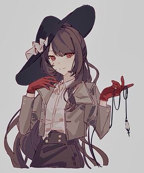 Rule 34 | 1girl, black hat, black skirt, brown hair, brown jacket, collared shirt, commentary request, gloves, grey background, hands up, hat, highres, jacket, long hair, official alternate costume, red eyes, red gloves, reverse:1999, semmelweis (reverse:1999), shirt, skirt, solo, upper body, white shirt, xy mt2528
