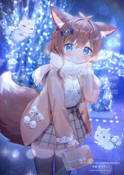 Rule 34 | 1girl, :o, animal ear fluff, animal ears, aran sweater, artist name, bag, black thighhighs, blue bow, blurry, blurry background, blush, bow, brown hair, brown jacket, cable knit, commentary request, copyright request, depth of field, fringe trim, grey skirt, hair bow, hair intakes, handbag, holding, holding bag, jacket, long hair, long sleeves, looking at viewer, night, official art, open clothes, open jacket, outdoors, parted lips, plaid clothes, plaid skirt, pleated skirt, scarf, skirt, sleeves past wrists, solo, sweater, tail, thighhighs, toufu mentaru zabuton, virtual youtuber, white scarf, white sweater, winter
