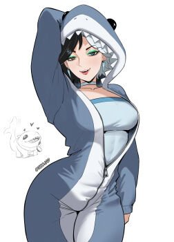 1girl alternate_costume animal_costume arm_behind_head blue_eyes blush breasts choker commentary earrings english_commentary grey_hair heterochromia highres jeff_(marvel) jewelry lips long_sleeves looking_at_viewer luna_snow marvel marvel_rivals medium_breasts multicolored_hair shark_costume simple_background smile solo thojad twitter_username two-tone_hair white_background white_choker yellow_eyes zipper