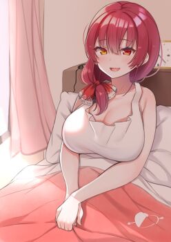 1girl absurdres alternate_costume alternate_hairstyle analog_clock arrow_through_heart asymmetrical_hair bad_id bad_twitter_id bed blush breasts cleavage clock commentary curtains day eyelashes eyepatch unworn_eyepatch fang hair_between_eyes hair_ribbon heterochromia highres hololive houshou_marine indoors large_breasts looking_at_viewer medium_hair open_mouth own_hands_together red_eyes red_hair red_ribbon ribbon skin_fang sleepwear sleeveless smile solo sunlight suzutarou_gunsou tank_top under_covers upper_body virtual_youtuber white_tank_top yellow_eyes