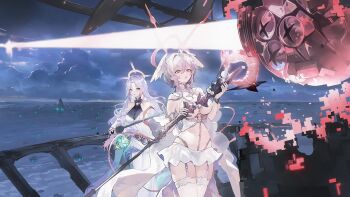 2girls azur_lane bikini blush breasts brushing game_cg ganj-i-sawai_(azur_lane) garter_straps halo head_wings highleg highleg_panties highres holding holding_staff jewelry large_breasts lens_flare leotard long_hair machine machinery medium_hair midriff multicolored_hair multiple_girls necklace non-web_source open_mouth panties parted_lips pearl_(azur_lane) pearl_necklace pink_hair purple_eyes purple_hair revealing_clothes ribbon ribs sitting skirt staff swimsuit thighhighs thinking underwear very_long_hair wariza weapon white_bikini white_garter_straps white_hair white_panties white_skirt white_thighhighs wings