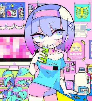 1girl :q bare_shoulders blue_shirt blue_sleeves blunt_ends blush_stickers breasts can check_copyright cleavage closed_mouth collarbone commentary_request copyright_request cowboy_shot cup double-parted_bangs drink_can drink_carton eyelashes gradient_hair hair_between_eyes hairband hand_on_table holding holding_can indoors lipstick_mark lipstick_mark_on_neck looking_to_the_side milk milk_carton multicolored_hair nail_polish newspaper off-shoulder_shirt off_shoulder original pill pink_hairband pink_nails pink_shorts plant poster_(object) potted_plant purple_eyes purple_hair scar scar_on_arm shirt short_hair short_shorts short_sleeves shorts smile soda_can solo sparkle static t-shirt tape television terada_tera tongue tongue_out