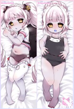 1girl 2024 absurdres arthropod_girl barefoot black_panties black_swimsuit blush braid butt_fangs colored_skin commission dakimakura_(medium) highres indie_virtual_youtuber insect_girl kumo_kuddelmuddel loli panties plump pointy_ears pokopokotarou1 purple_skin shirt socks solo spider_girl thigh_gap underwear virtual_youtuber white_shirt white_socks yellow_eyes