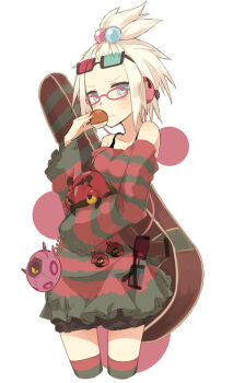 1girl 3d_glasses bare_shoulders bespectacled commentary dress gen_5_pokemon glasses guitar_case hair_bobbles hair_ornament headphones heterochromatic_eyewear holding holding_poke_ball instrument instrument_case multicolored_hair_bobbles nintendo pink-framed_eyewear poke_ball poke_ball_(basic) pokemon pokemon_(creature) pokemon_bw2 revision roxie_(pokemon) scolipede short_dress short_hair striped_clothes striped_dress tinted_eyewear topknot venipede whirlipede white_hair wide_sleeves yukitake_(bullfalk)