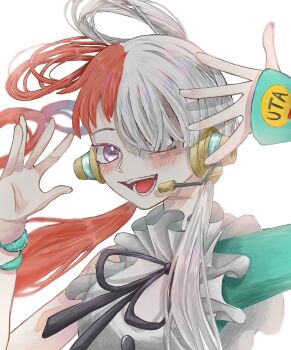 1girl absurdres black_ribbon blush bracelet commentary hair_over_one_eye headset highres jewelry multicolored_hair neck_ribbon one_piece one_piece_film:_red open_mouth purple_eyes red_hair ribbon simple_background smile solo twintails two-tone_hair u_mi031 upper_body uta_(one_piece) white_background white_hair