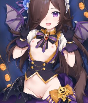 1girl animal_ears black_gloves blue_flower blue_rose bow breasts brown_hair cleft_of_venus fang flower gloves hair_flower hair_ornament hair_over_one_eye halloween highres horse_ears horse_girl horse_tail long_hair looking_at_viewer mei_(ponponmei) nipples official_alternate_costume open_mouth puffy_short_sleeves puffy_sleeves purple_eyes pussy rice_shower_(make_up_vampire!)_(umamusume) rice_shower_(umamusume) rose shirt short_sleeves skirt small_breasts solo tail umamusume uncensored wings