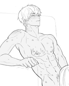 1boy 1girl abs absurdres bite_mark bite_mark_on_neck bite_mark_on_pectorals bite_mark_on_shoulder biting_own_lip clenched_hand closed_eyes couple furrowed_brow greyscale hair_between_eyes hetero hickey highres implied_fellatio ladxena love_and_deepspace male_focus male_pubic_hair monochrome nude parted_lips protagonist_(love_and_deepspace) pubic_hair short_hair sketch sweat white_background white_hair xavier_(love_and_deepspace)